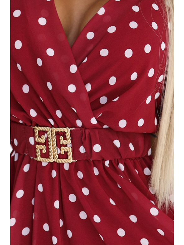 numoco Senzualne vinsko crvene haljine s bijelim točkicama i ukrasnim pojasom