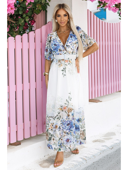 numoco Lagane maxi haljine CELINA s V-izrezom, pojasom i cvjetnim ombré uzorkom