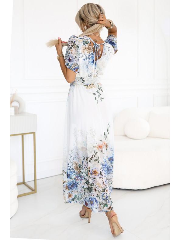 numoco Lagane maxi haljine CELINA s V-izrezom, pojasom i cvjetnim ombré uzorkom