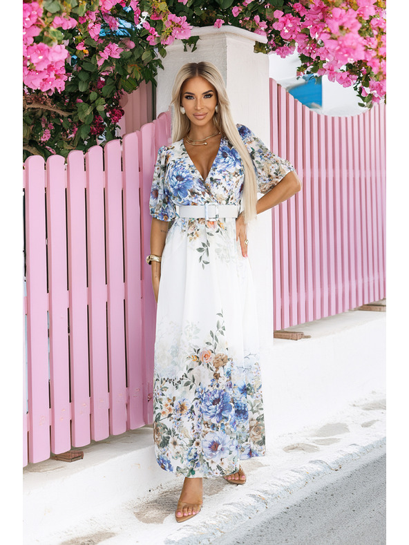 numoco Lagane maxi haljine CELINA s V-izrezom, pojasom i cvjetnim ombré uzorkom