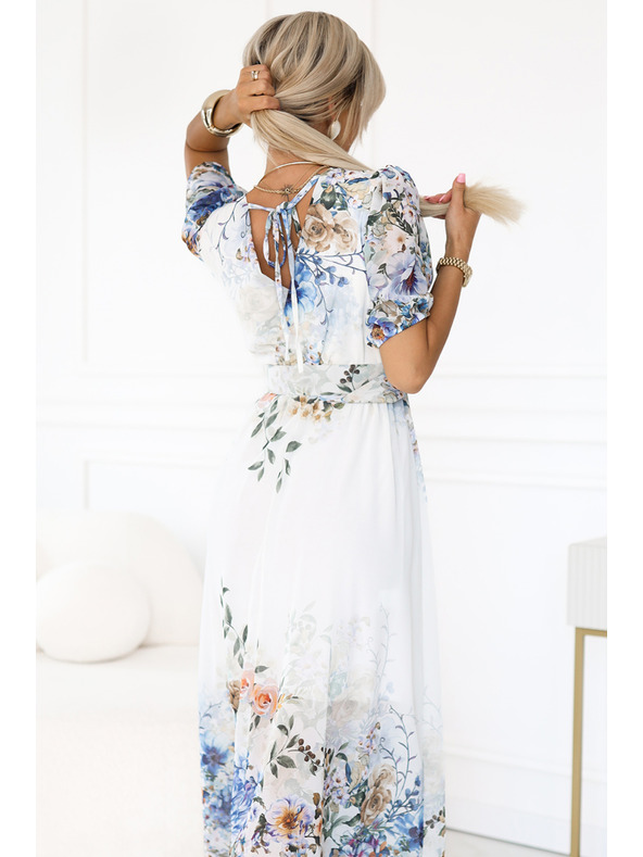 numoco Lagane maxi haljine CELINA s V-izrezom, pojasom i cvjetnim ombré uzorkom
