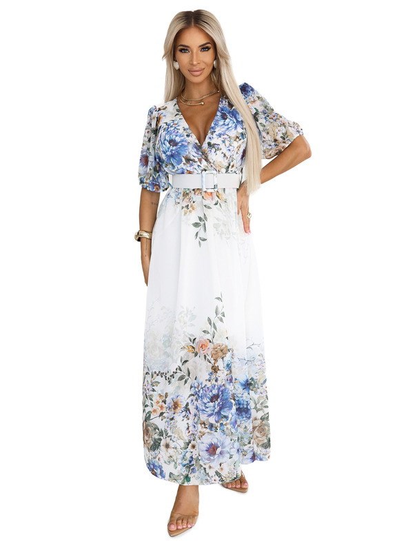 numoco Lagane maxi haljine CELINA s V-izrezom, pojasom i cvjetnim ombré uzorkom