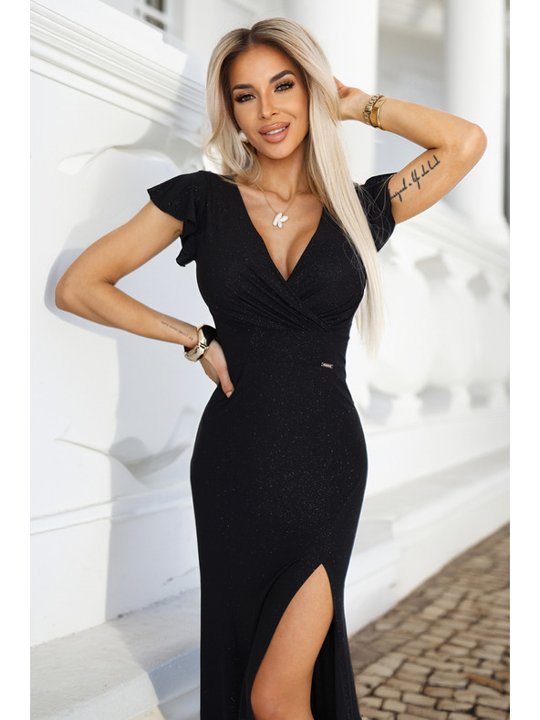 numoco Sjajne duge crne haljine IRINA sa šljokicama, preklopnim izrezom i prorezom