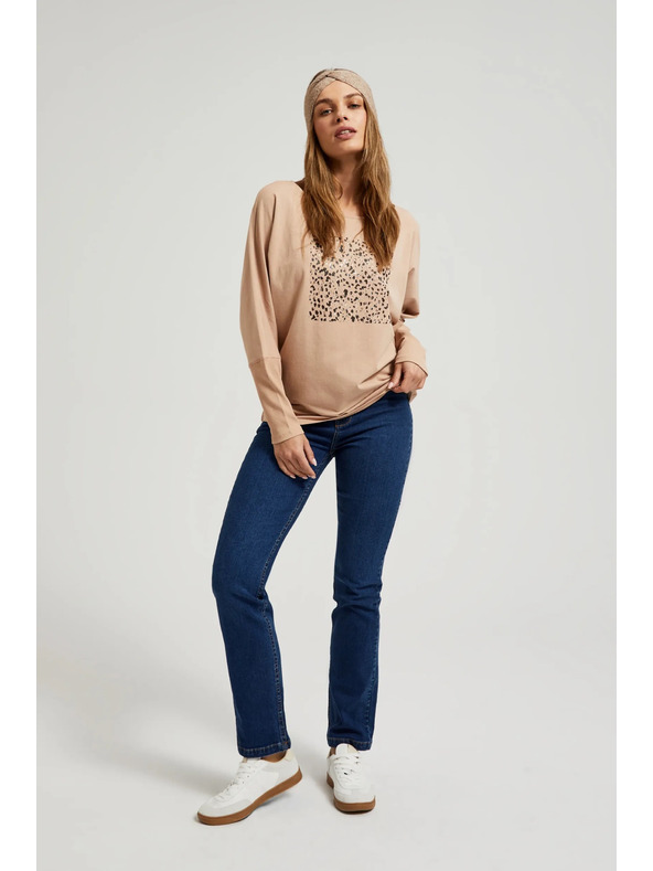 Moodo Svijetlo smeđi ženski top s dugim rukavima