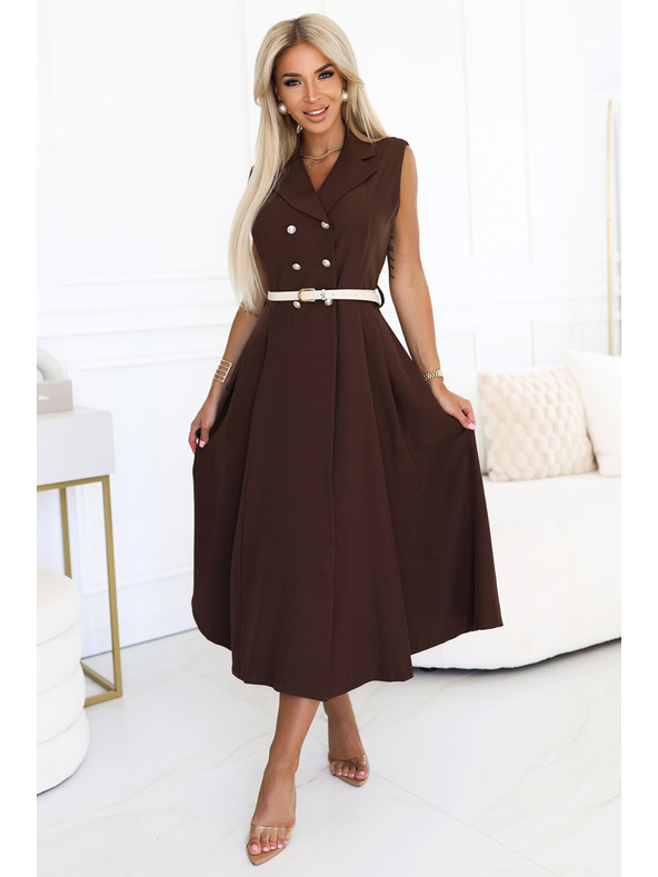 numoco Elegantne midi košulje haljine sa zlatnim gumbima i pojasom - čokoladna boja
