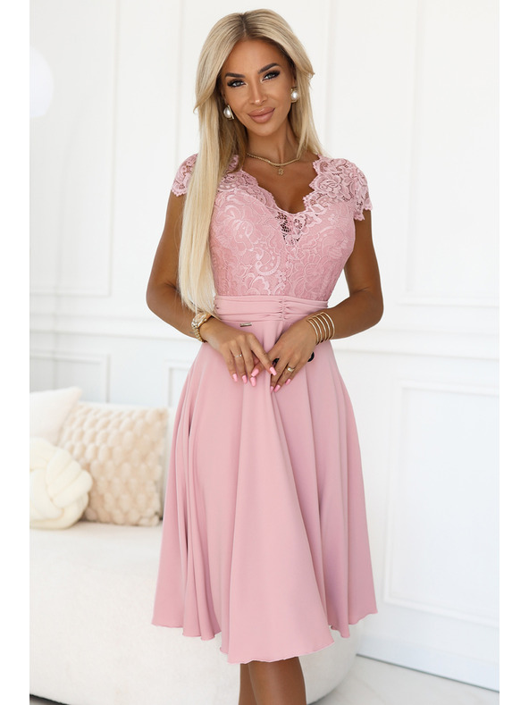 numoco Svijetloružičaste šifon haljine s čipkanim izrezom