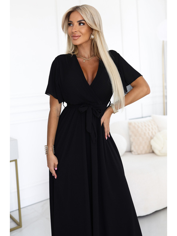 numoco Duge haljine s nabiranim izrezom i vezivanjem - crne