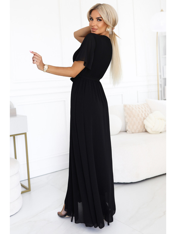 numoco Duge haljine s nabiranim izrezom i vezivanjem - crne