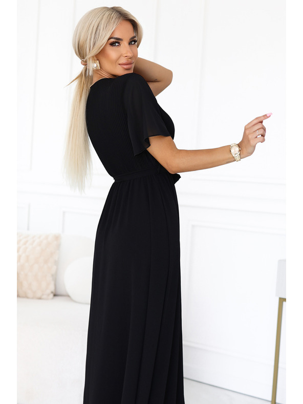 numoco Duge haljine s nabiranim izrezom i vezivanjem - crne