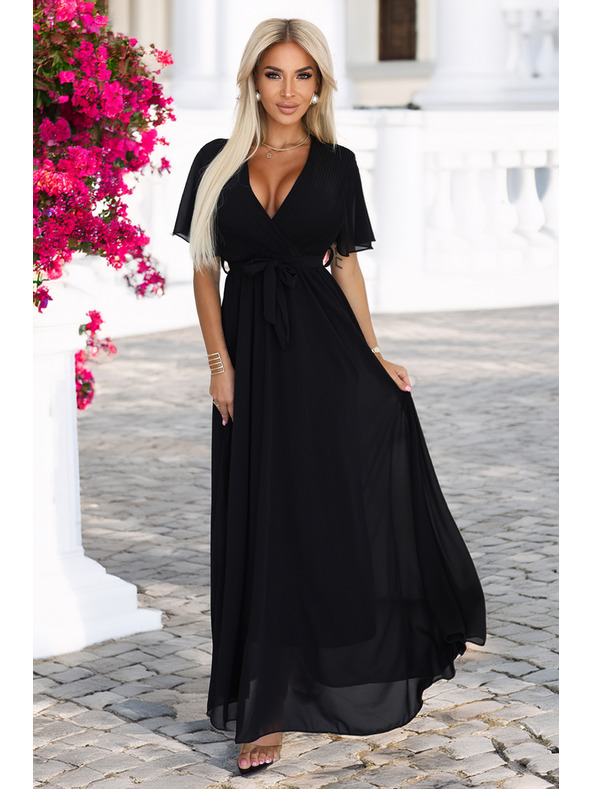 numoco Duge haljine s nabiranim izrezom i vezivanjem - crne