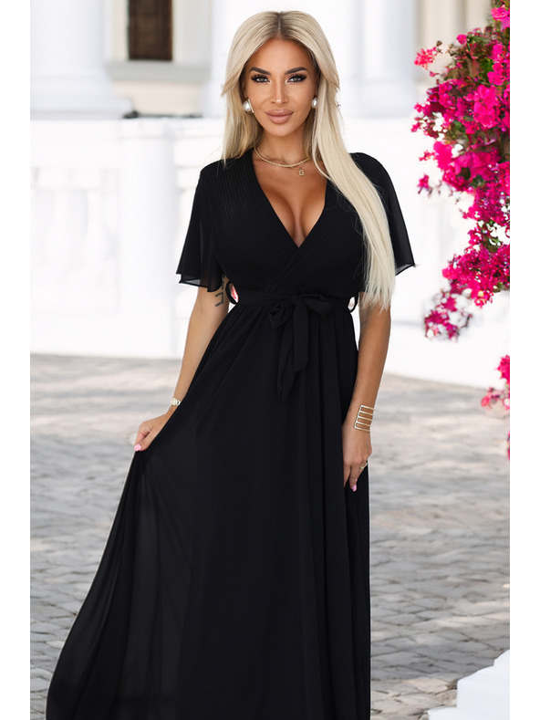 numoco Duge haljine s nabiranim izrezom i vezivanjem - crne