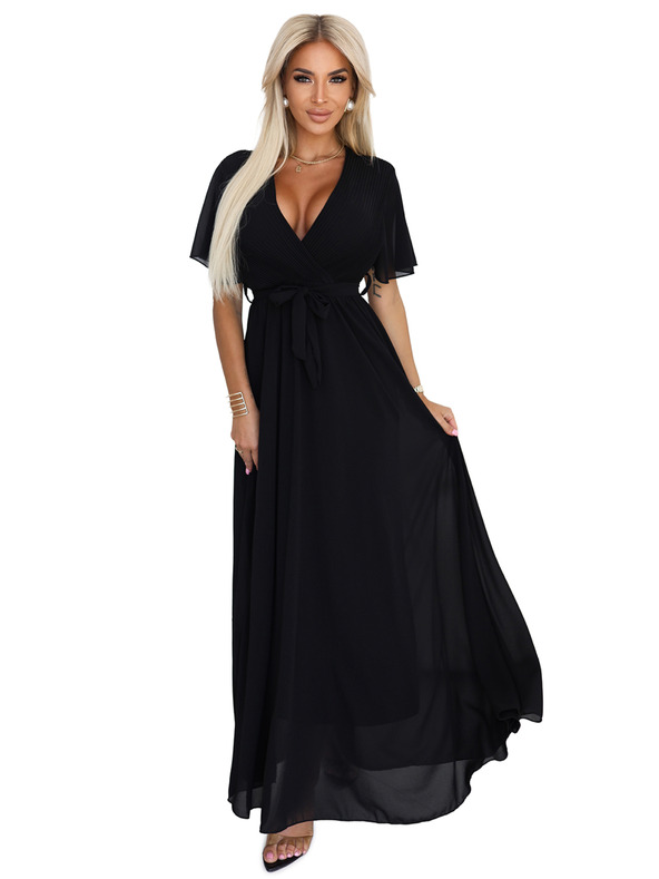 numoco Duge haljine s nabiranim izrezom i vezivanjem - crne