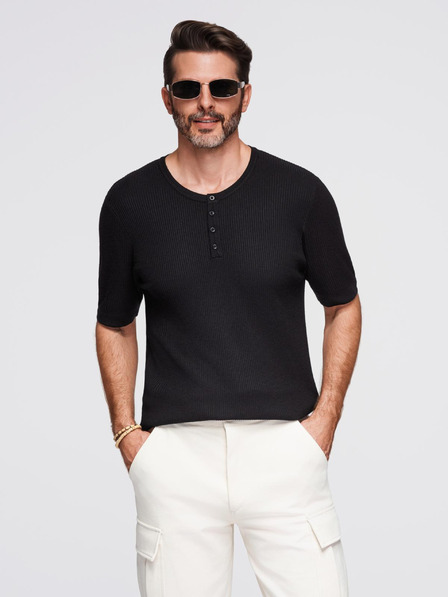 Ombre Clothing Muška pletena majica s gumbima uz izrez - crna