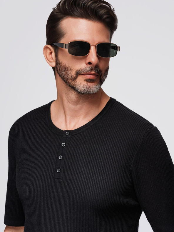 Ombre Clothing Muška pletena majica s gumbima uz izrez - crna