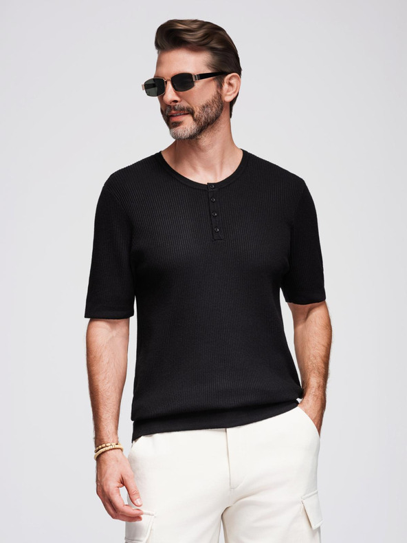 Ombre Clothing Muška pletena majica s gumbima uz izrez - crna