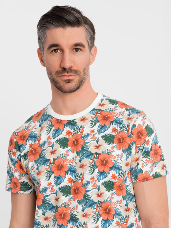 Ombre Clothing Muška pamučna majica s cvjetnim uzorkom i cjelovitim otiskom - bijela