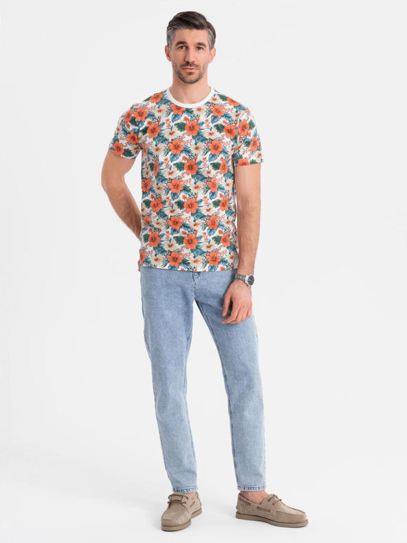 Ombre Clothing Muška pamučna majica s cvjetnim uzorkom i cjelovitim otiskom - bijela