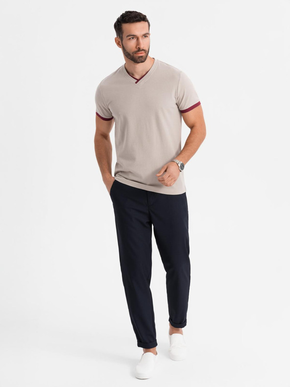Ombre Clothing Muška majica s kontrastnim umetcima i V-izrezom - bež