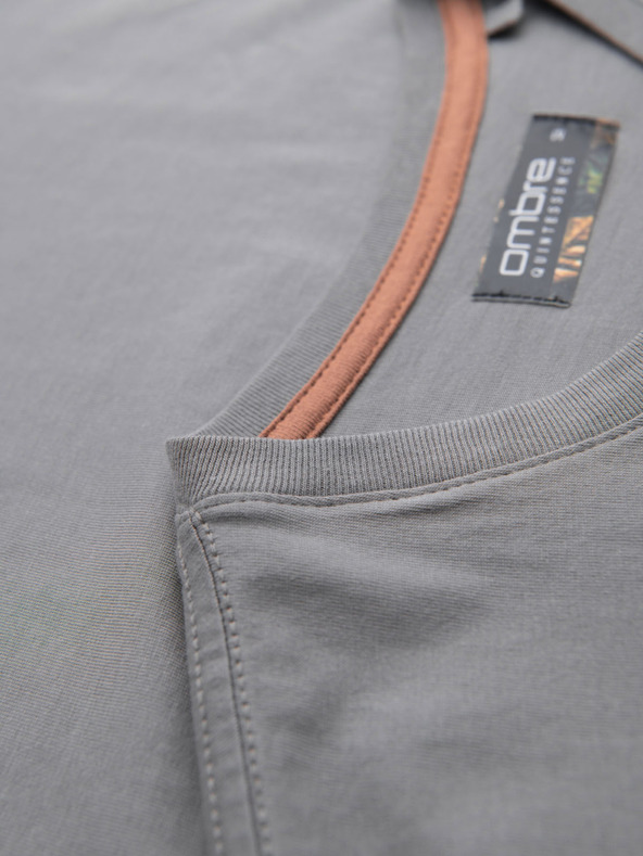 Ombre Clothing Muška majica s gumbastim izrezom i semiš rubom - siva