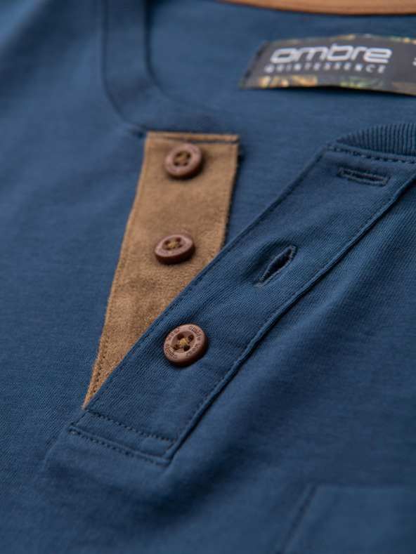 Ombre Clothing Muška majica s gumbastim izrezom i semiš rubom - tamno plava
