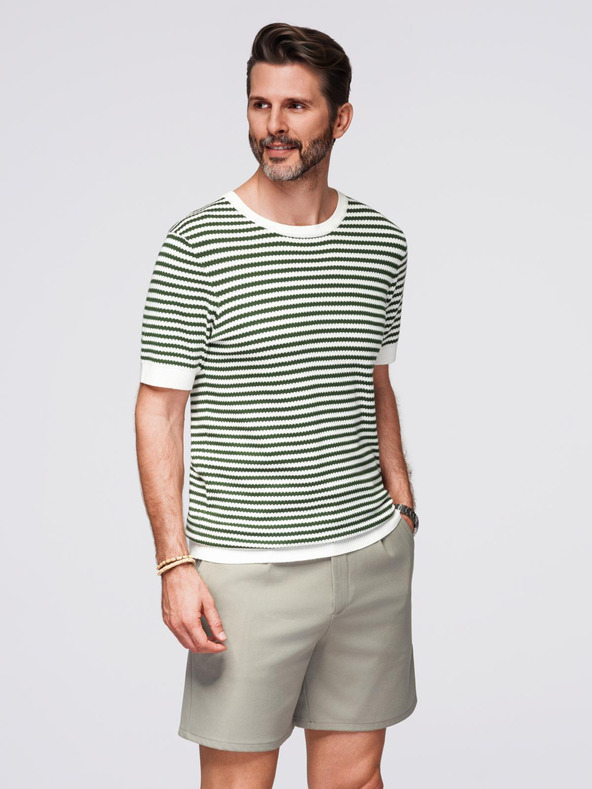 Ombre Clothing Muška marine prugasta pletena majica s proreznim vezom - maslinasta i bijela