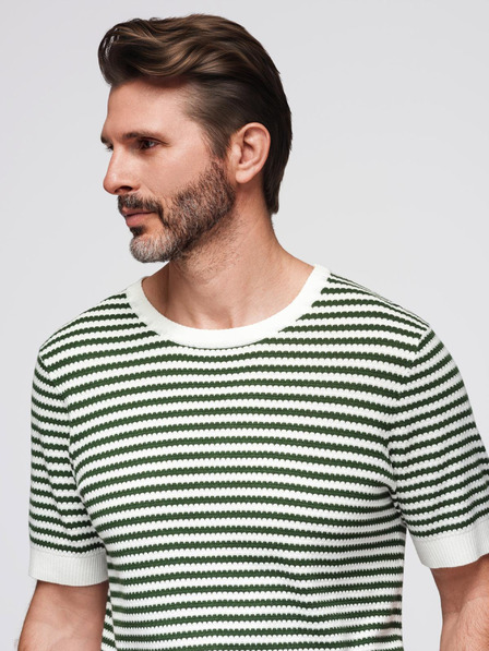 Ombre Clothing Muška marine prugasta pletena majica s proreznim vezom - maslinasta i bijela