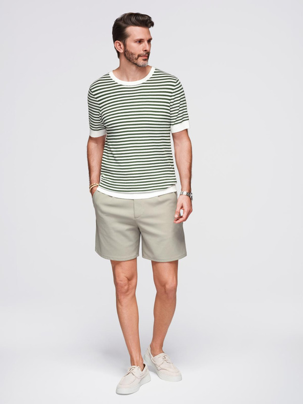 Ombre Clothing Muška marine prugasta pletena majica s proreznim vezom - maslinasta i bijela