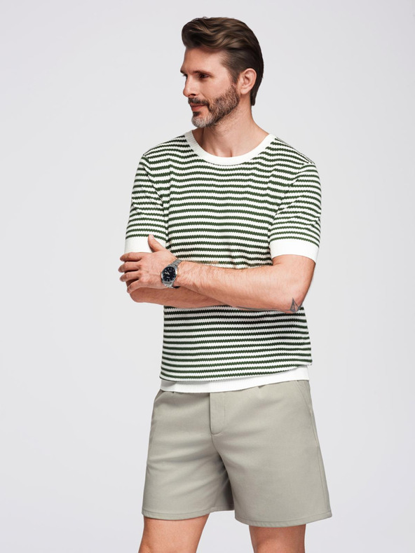 Ombre Clothing Muška marine prugasta pletena majica s proreznim vezom - maslinasta i bijela