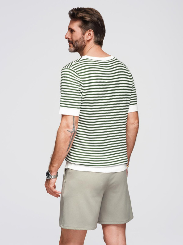 Ombre Clothing Muška marine prugasta pletena majica s proreznim vezom - maslinasta i bijela