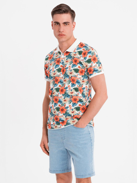 Ombre Clothing Pamučna polo majica s cvjetnim printom - bijela