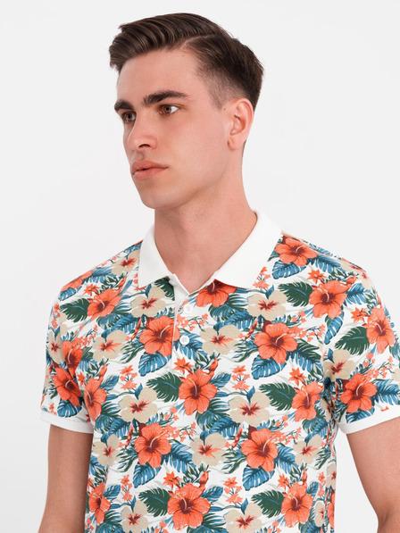 Ombre Clothing Pamučna polo majica s cvjetnim printom - bijela