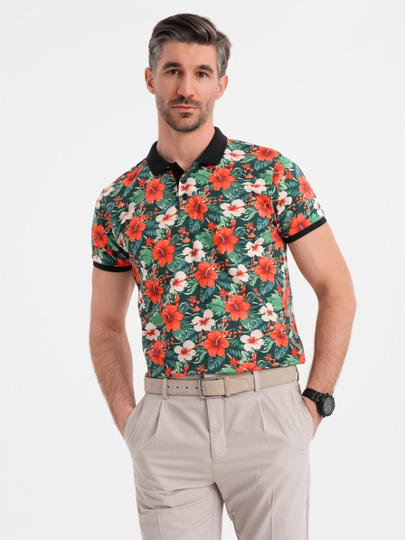 Ombre Clothing Pamučna polo majica s cvjetnim printom - crna