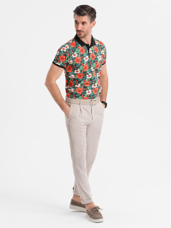 Ombre Clothing Pamučna polo majica s cvjetnim printom - crna