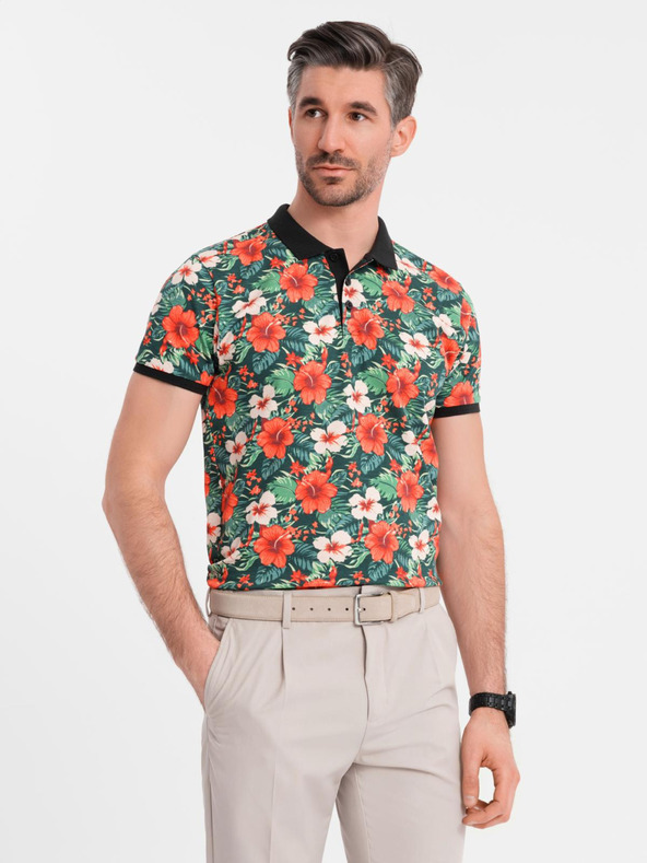 Ombre Clothing Pamučna polo majica s cvjetnim printom - crna