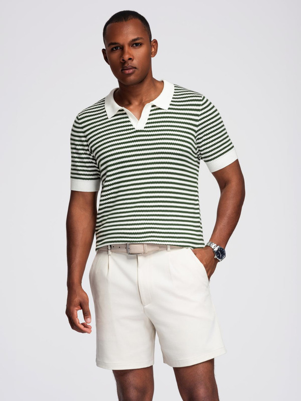 Ombre Clothing Muška pletena polo majica bez gumba u marine prugama - bijela i maslinasto zelena
