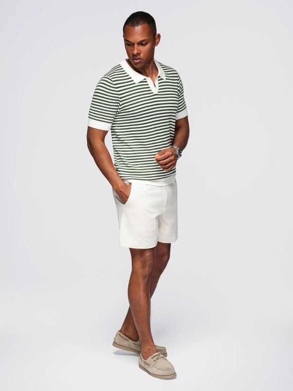 Ombre Clothing Muška pletena polo majica bez gumba u marine prugama - bijela i maslinasto zelena