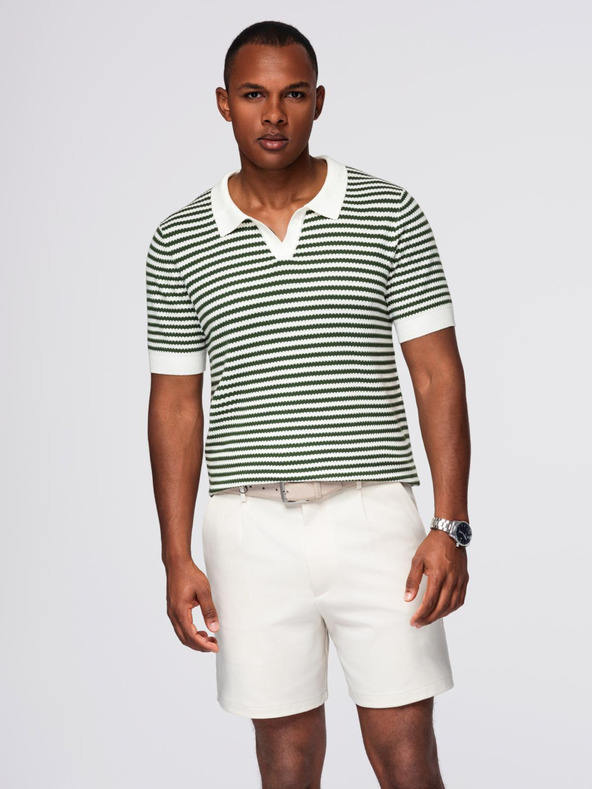 Ombre Clothing Muška pletena polo majica bez gumba u marine prugama - bijela i maslinasto zelena