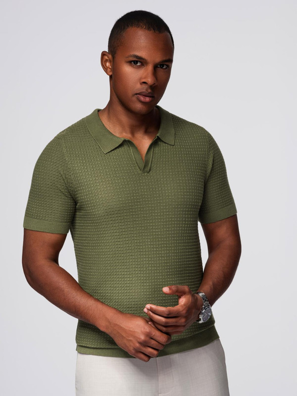 Ombre Clothing Muška pletena polo majica bez gumba - maslinasta