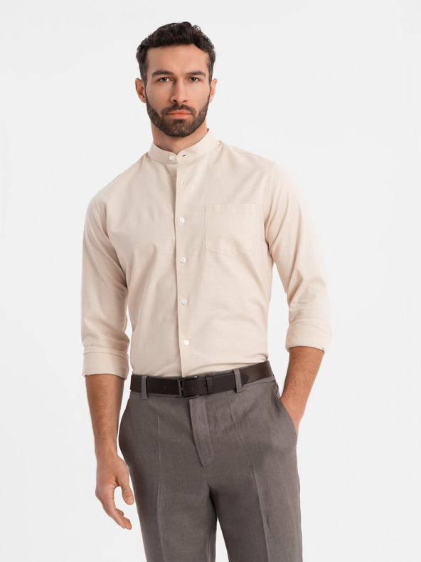 Ombre Clothing Muška platnena košulja s uspravnim ovratnikom i džepom REGULAR FIT - krem