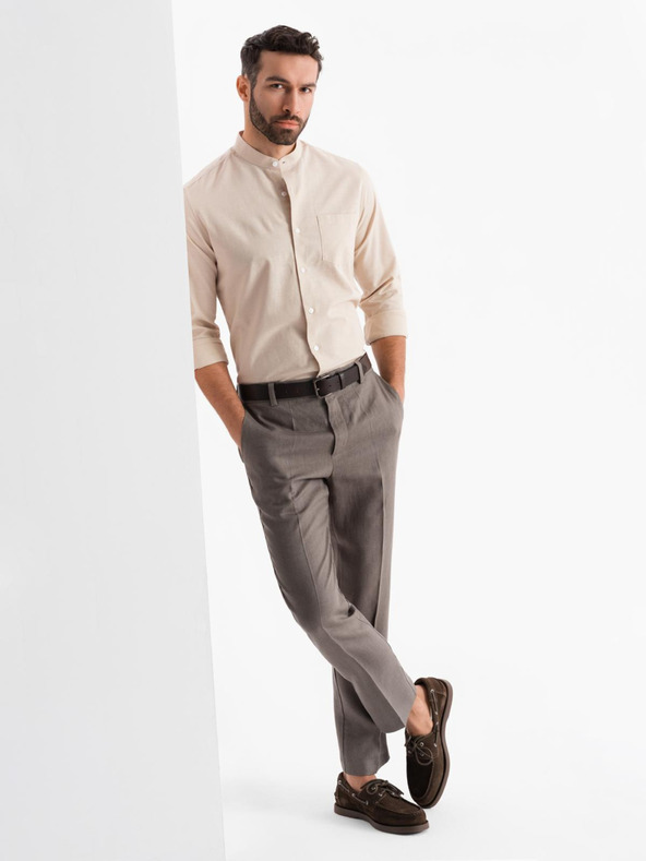 Ombre Clothing Muška platnena košulja s uspravnim ovratnikom i džepom REGULAR FIT - krem