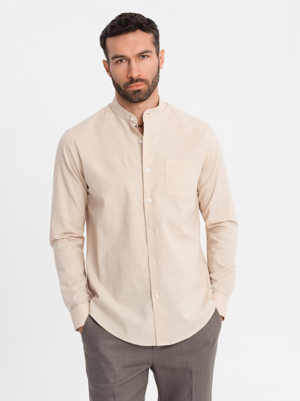 Ombre Clothing Muška platnena košulja s uspravnim ovratnikom i džepom REGULAR FIT - krem