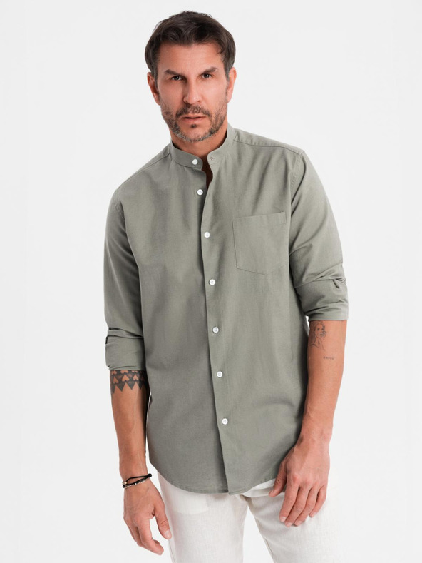 Ombre Clothing Muška platnena košulja s uspravnim ovratnikom i džepom REGULAR FIT - khaki