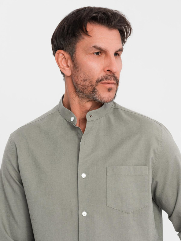 Ombre Clothing Muška platnena košulja s uspravnim ovratnikom i džepom REGULAR FIT - khaki