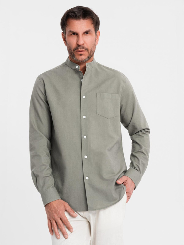 Ombre Clothing Muška platnena košulja s uspravnim ovratnikom i džepom REGULAR FIT - khaki