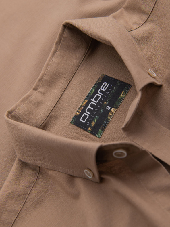 Ombre Clothing Muška lanena košulja s klasičnim ovratnikom i džepovima REGULAR FIT - svijetlo smeđa