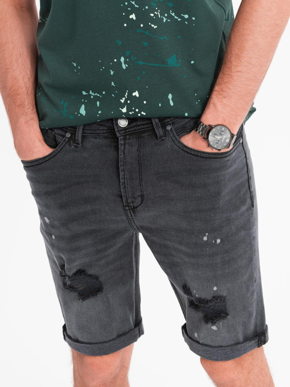 Ombre Clothing Muške kratke traper hlačice s poderinama i prošivenim rubom - sive