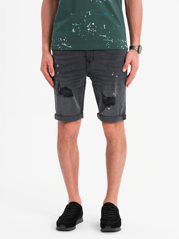 Ombre Clothing Muške kratke traper hlačice s poderinama i prošivenim rubom - sive