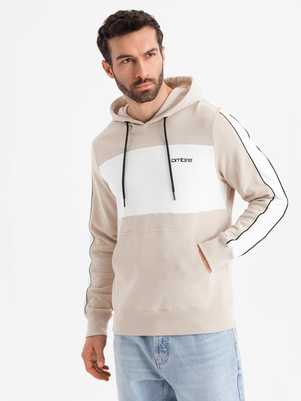 Ombre Clothing Muška pamučna dukserica s kapuljačom i kontrastnim elementima - bež