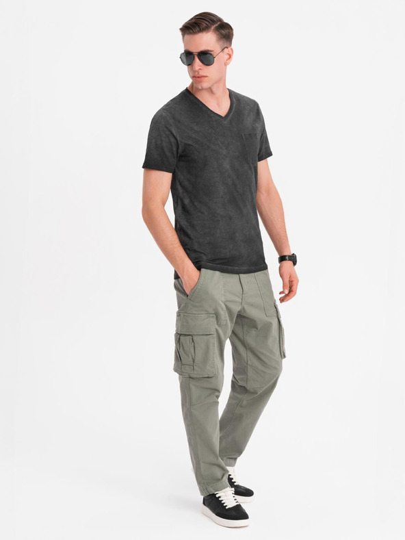 Ombre Clothing Muška pamučna V-izrez majica s efektom opranih rubova - crna