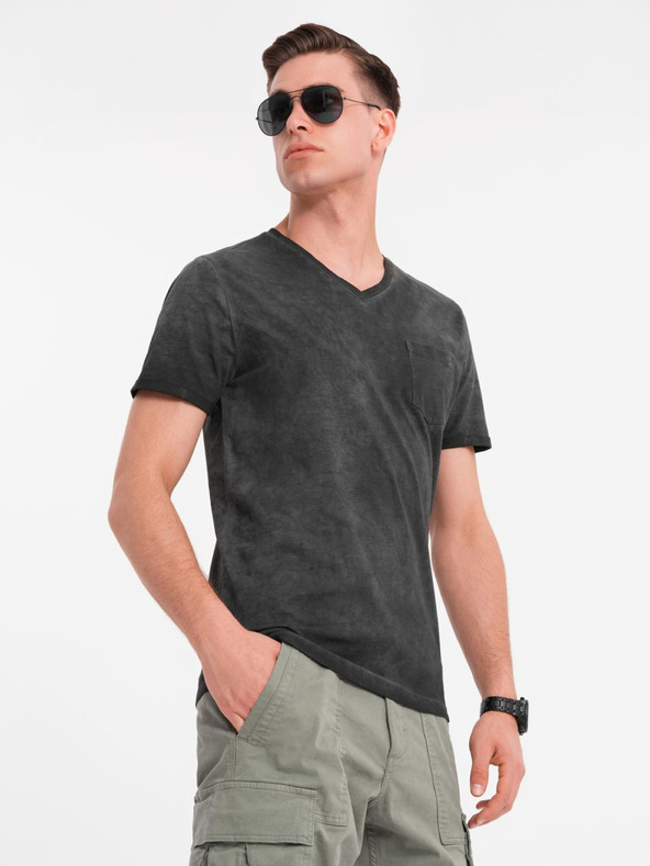 Ombre Clothing Muška pamučna V-izrez majica s efektom opranih rubova - crna